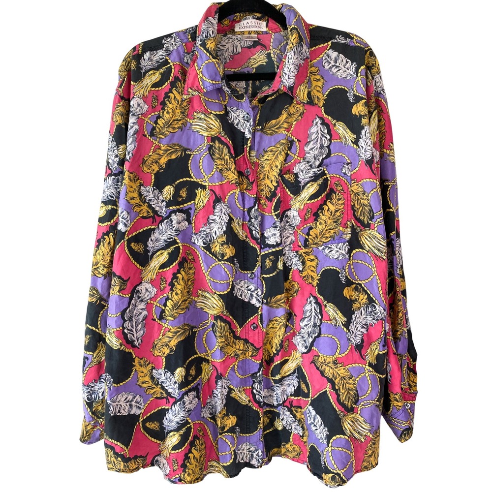 Vtg Classic Expressions Womens Silk Button Up Shirt 24W Feather Rope Renaissance
